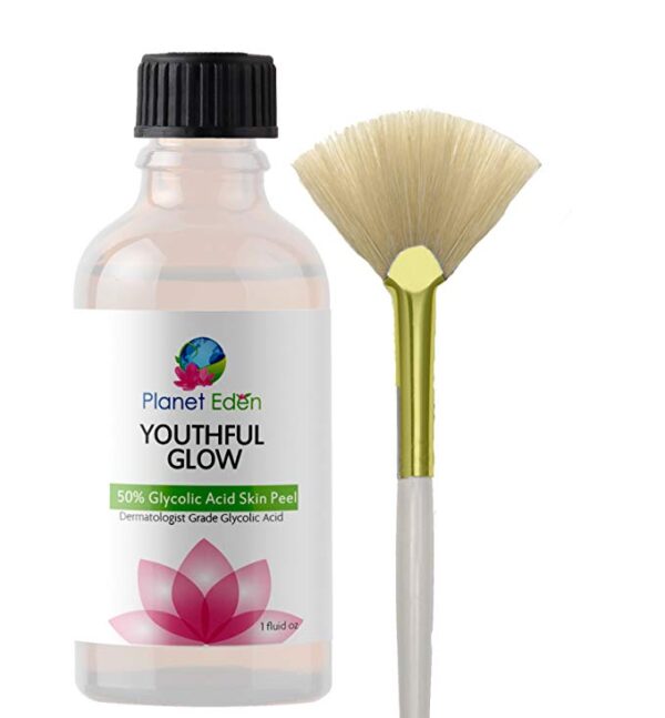 Planet Eden Youthful Glow 50% Glycolic Acid Peel with Free Treatment Fan Brush- Full Strength Cosmetic Grade Unbuffered