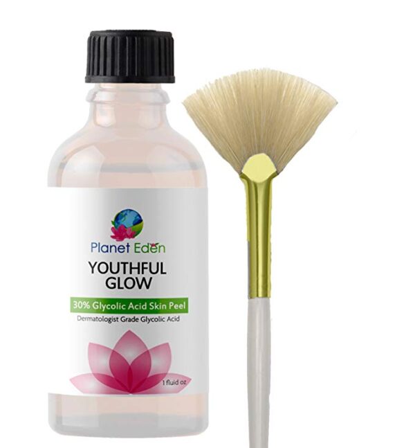Planet Eden Youthful Glow 30% Glycolic Acid Skin Peel with Free Fan Brush for Sun Damage, Freckles, More Even Skin Tone and Free Fan Brush